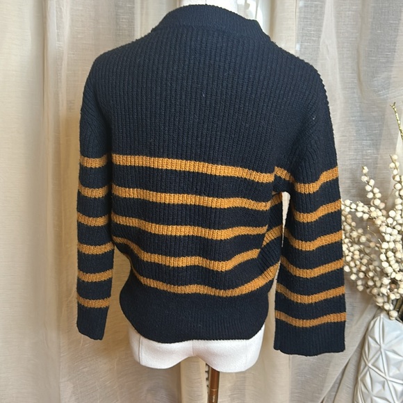 Magaschoni Navy and Brown Stripe Bell Sleeve Small Knit Sweater - Picture 3 of 5